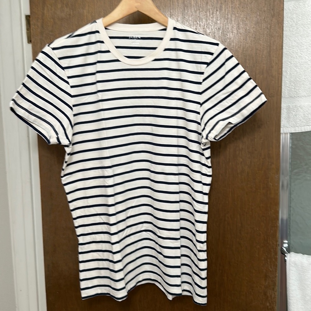 J Crew Stripped Slim Fit Shirt. Cream/Navy Blue (Large, but fits like a Medium.